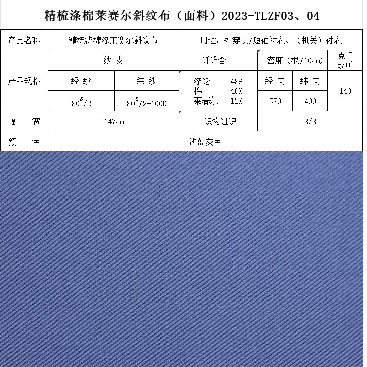 精梳滌棉萊賽爾斜紋布藍(lán)灰色