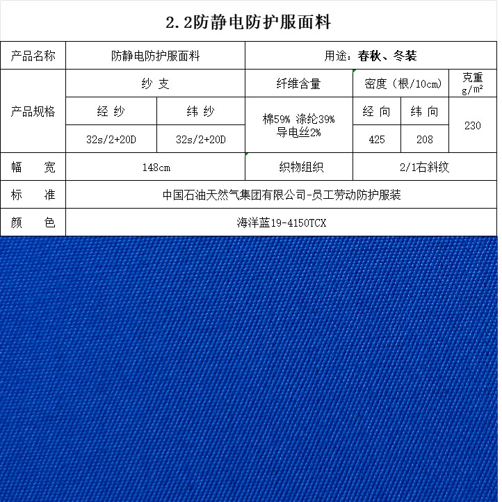 防靜電防護服面料海洋藍19-4150TCX