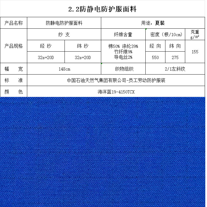 防靜電防護服面料海洋藍19-4150TCX