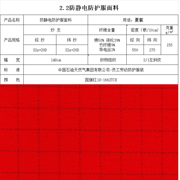 防靜電防護服面料國旗紅18-1662TCX